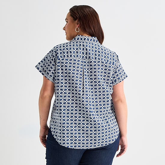 St. John's Bay Womens Plus Easy-on + Easy-off Hidden Access Opening Roll Short Sleeve Regular Fit Button-Down Shirt