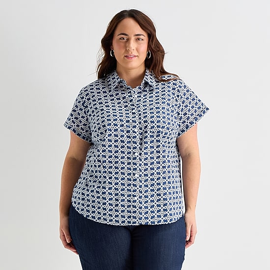 St. John's Bay Womens Plus Easy-on + Easy-off Hidden Access Opening Roll Short Sleeve Regular Fit Button-Down Shirt