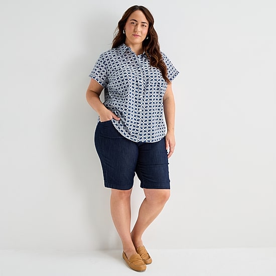 St. John's Bay Womens Plus Easy-on + Easy-off Hidden Access Opening Roll Short Sleeve Regular Fit Button-Down Shirt