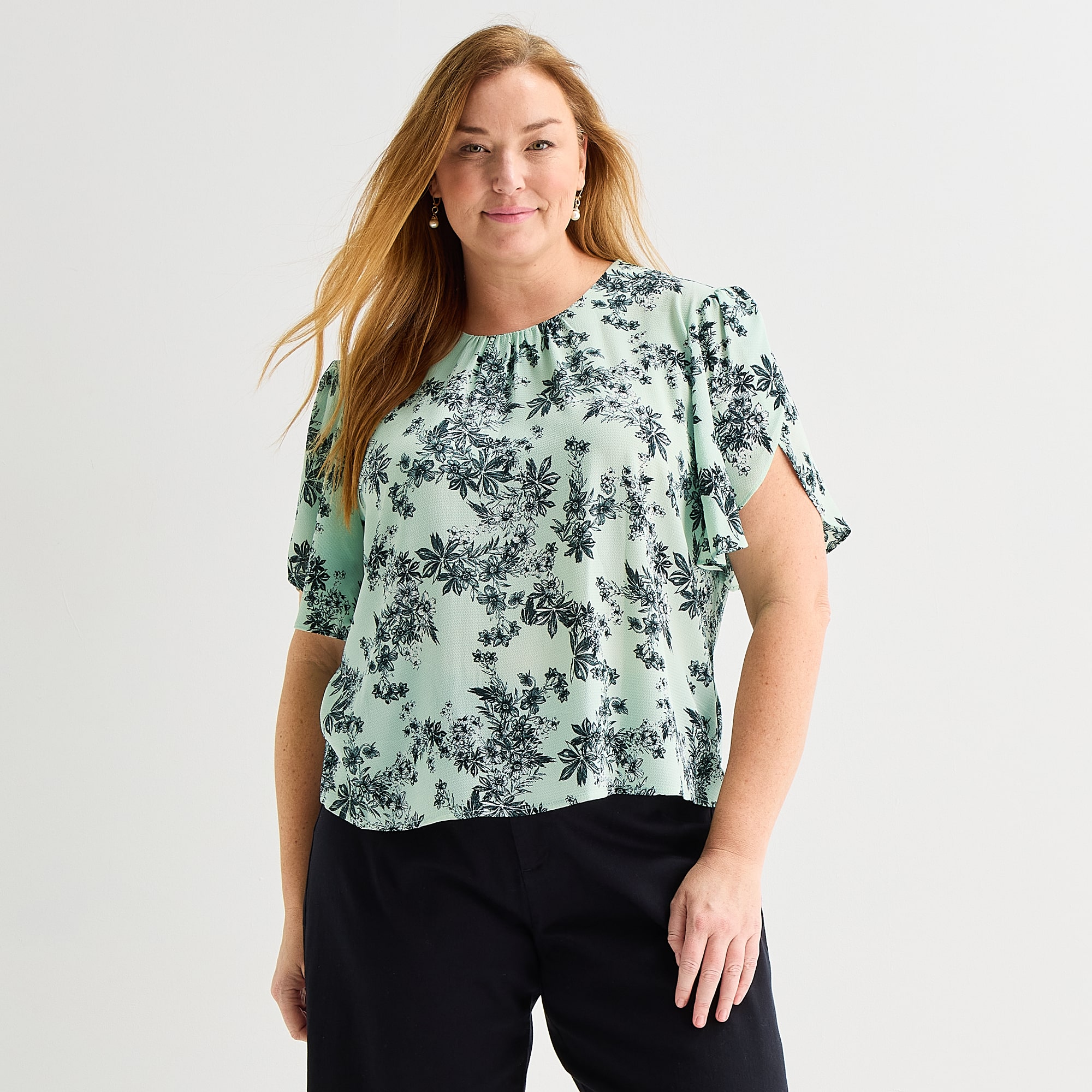 Liz Claiborne Womens Plus Round Neck Short Sleeve Blouse