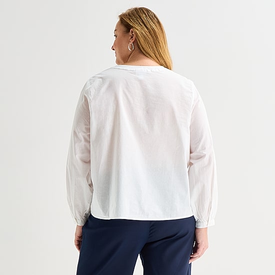 Liz Claiborne Womens Plus U Neck Bishop Long Sleeve Regular Fit Button-Down Shirt