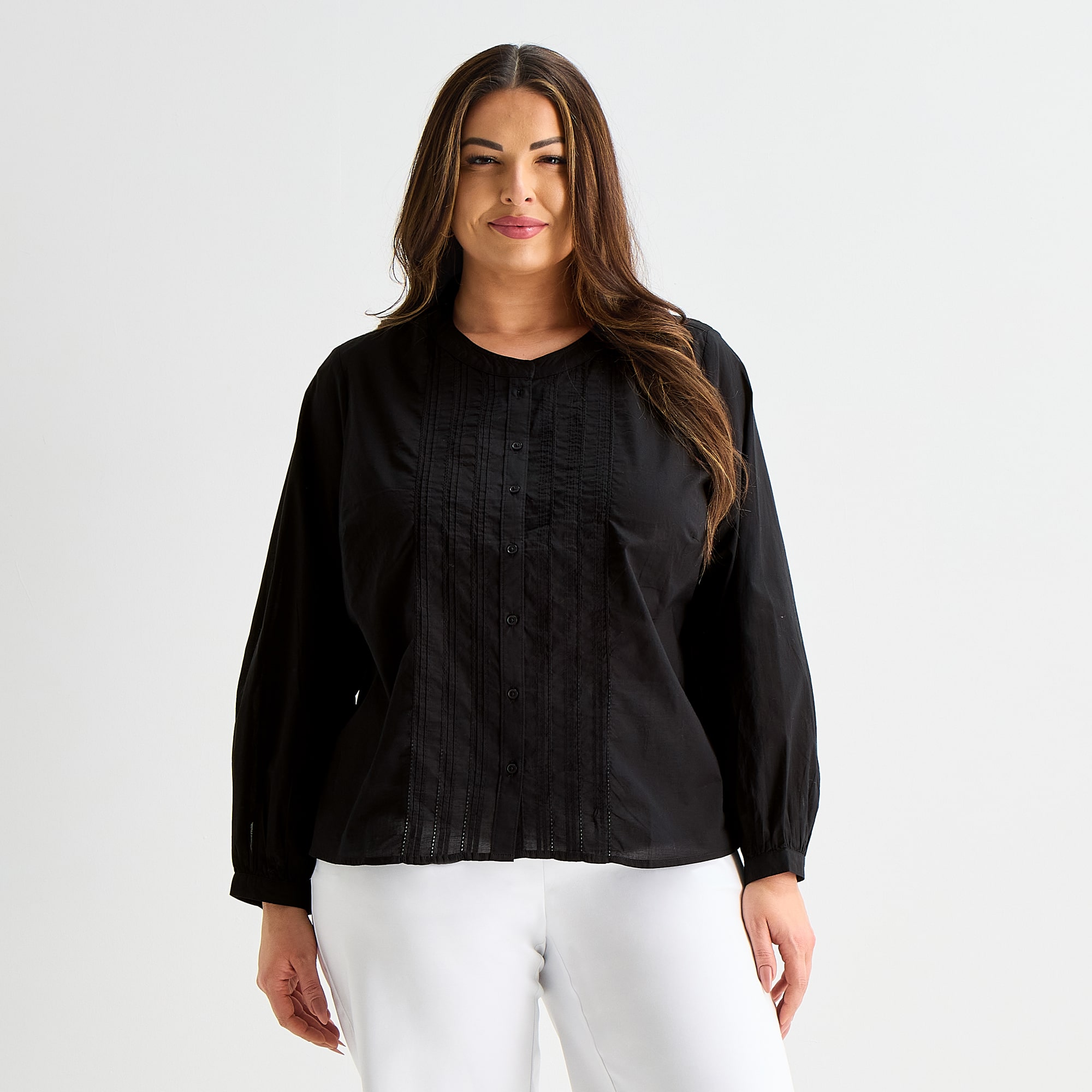 Liz Claiborne Womens Plus Bishop Long Sleeve Regular Fit Button-Down Shirt