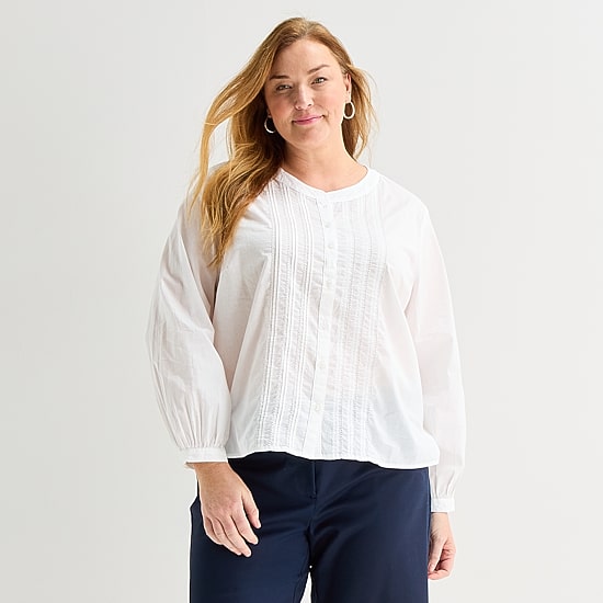 Liz Claiborne Womens Plus U Neck Bishop Long Sleeve Regular Fit Button-Down Shirt