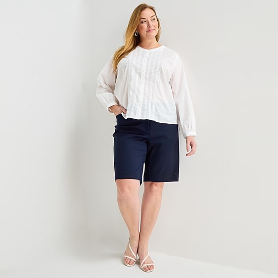 Liz Claiborne Womens Plus U Neck Bishop Long Sleeve Regular Fit Button-Down Shirt
