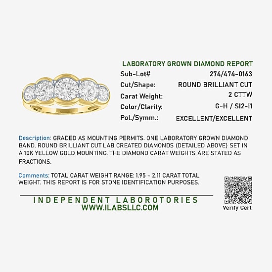 G-H / Si2-I1 Womens 7.5MM 2 CT. T.W. Lab Grown White Diamond 10K Gold 5-Stone Anniversary Band