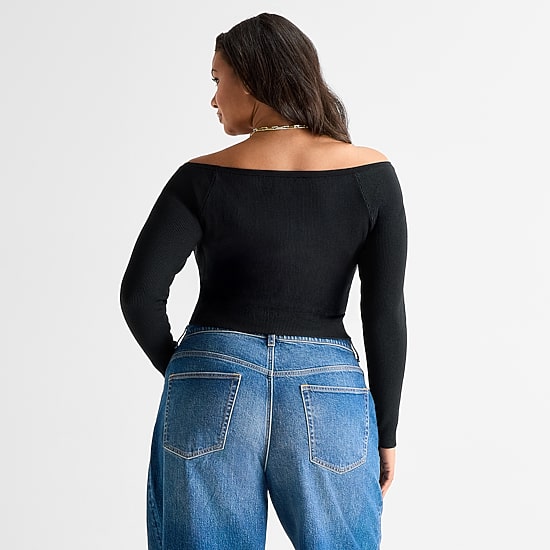Ashley Graham Womens Plus Off the Shoulder Long Sleeve Top
