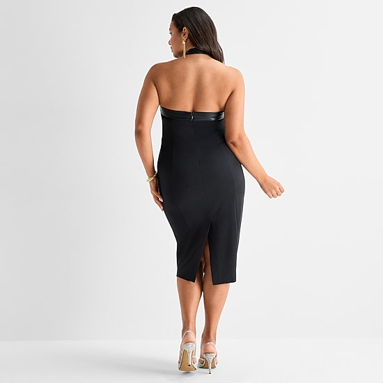 Ashley Graham Womens Plus Midi Halter Neck Sleeveless Bodycon Dress