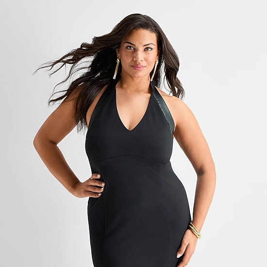 Ashley Graham Womens Plus Midi Halter Neck Sleeveless Bodycon Dress