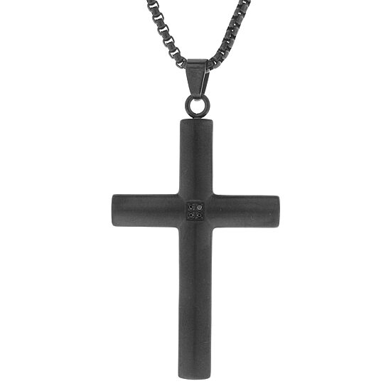 Mens Black Cubic Zirconia Stainless Steel Cross 24 Inch Pendant Necklace