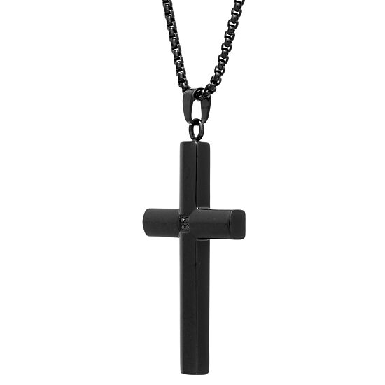 Mens Black Cubic Zirconia Stainless Steel Cross 24 Inch Pendant Necklace