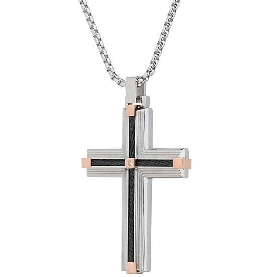 Mens Cubic Zirconia Stainless Steel Cross Pendant Necklace