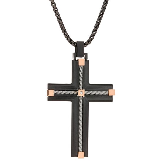 Mens Cubic Zirconia Stainless Steel Cross 24 Inch Pendant Necklace