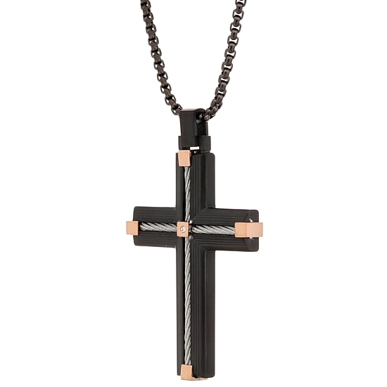 Mens Cubic Zirconia Stainless Steel Cross 24 Inch Pendant Necklace