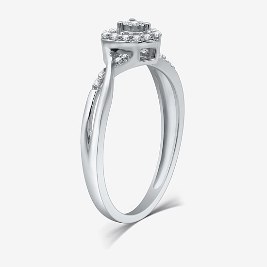 Promise My Love Sterling Silver Womens 1/10 CT. T.W. Natural White Diamond Sterling Silver Heart Side Stone Halo Promise Ring