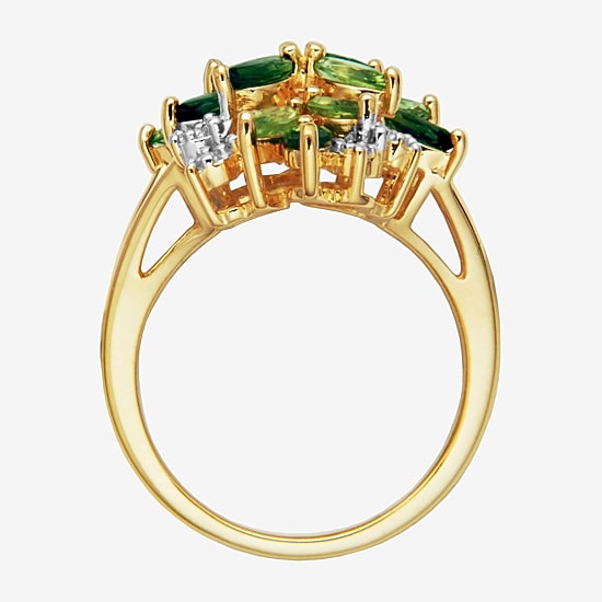 Womens Genuine Green Peridot 18K Gold Over Silver Flower Cluster Cocktail Ring