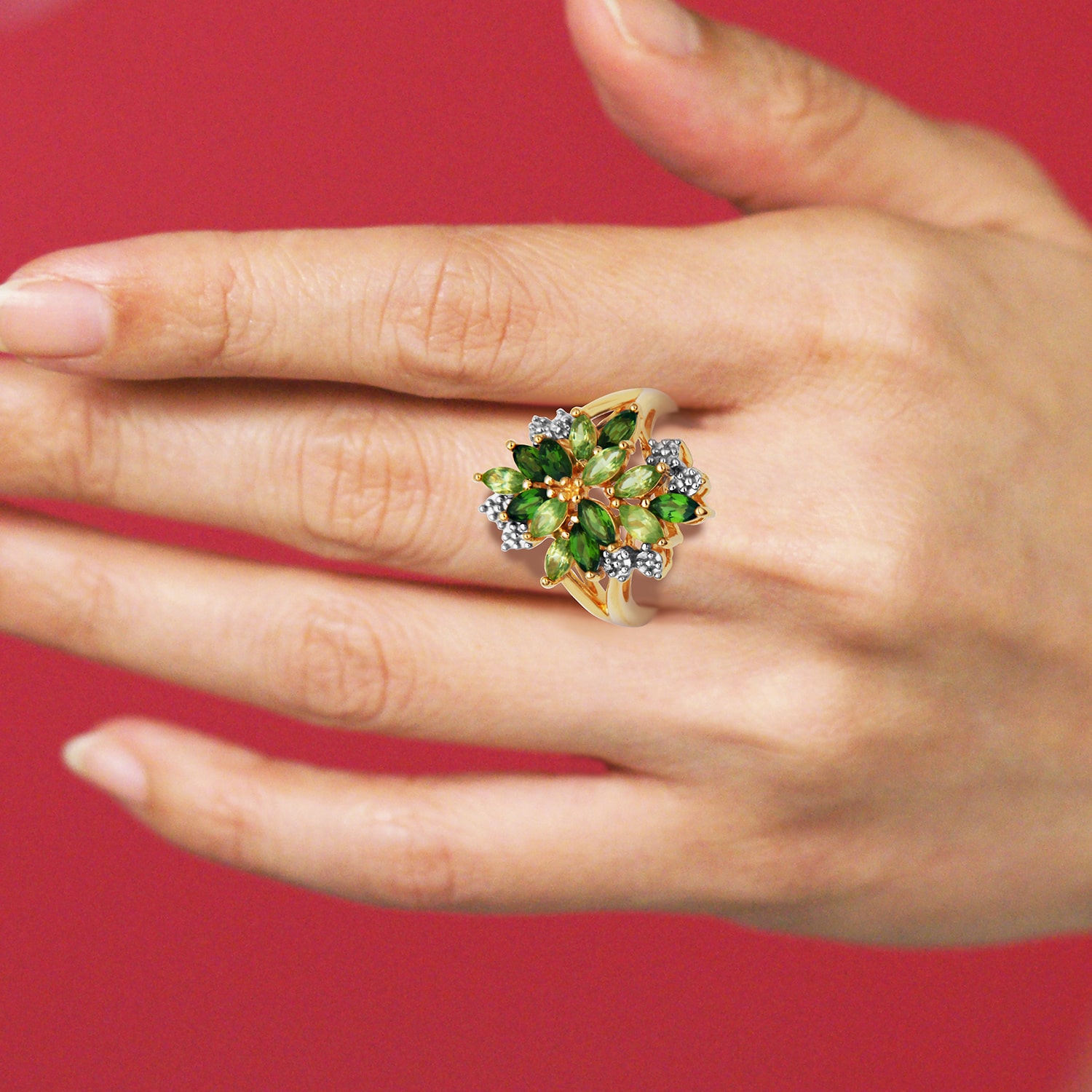 Womens Genuine Green Peridot 18K Gold Over Silver Flower Cluster Cocktail Ring