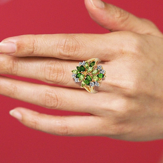 Womens Genuine Green Peridot 18K Gold Over Silver Flower Cluster Cocktail Ring