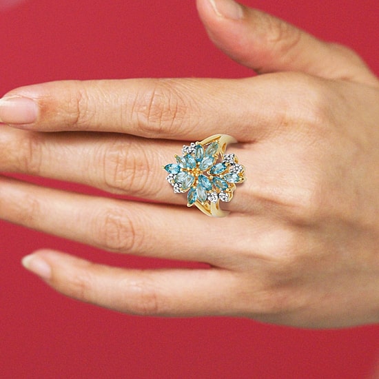 Womens Genuine Blue Topaz 18K Gold Over Silver Flower Cluster Cocktail Ring