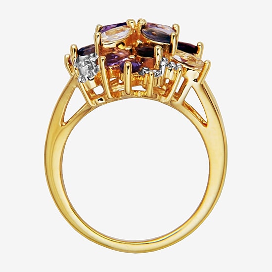 Womens Genuine Purple Amethyst 18K Gold Over Silver Flower Cluster Cocktail Ring