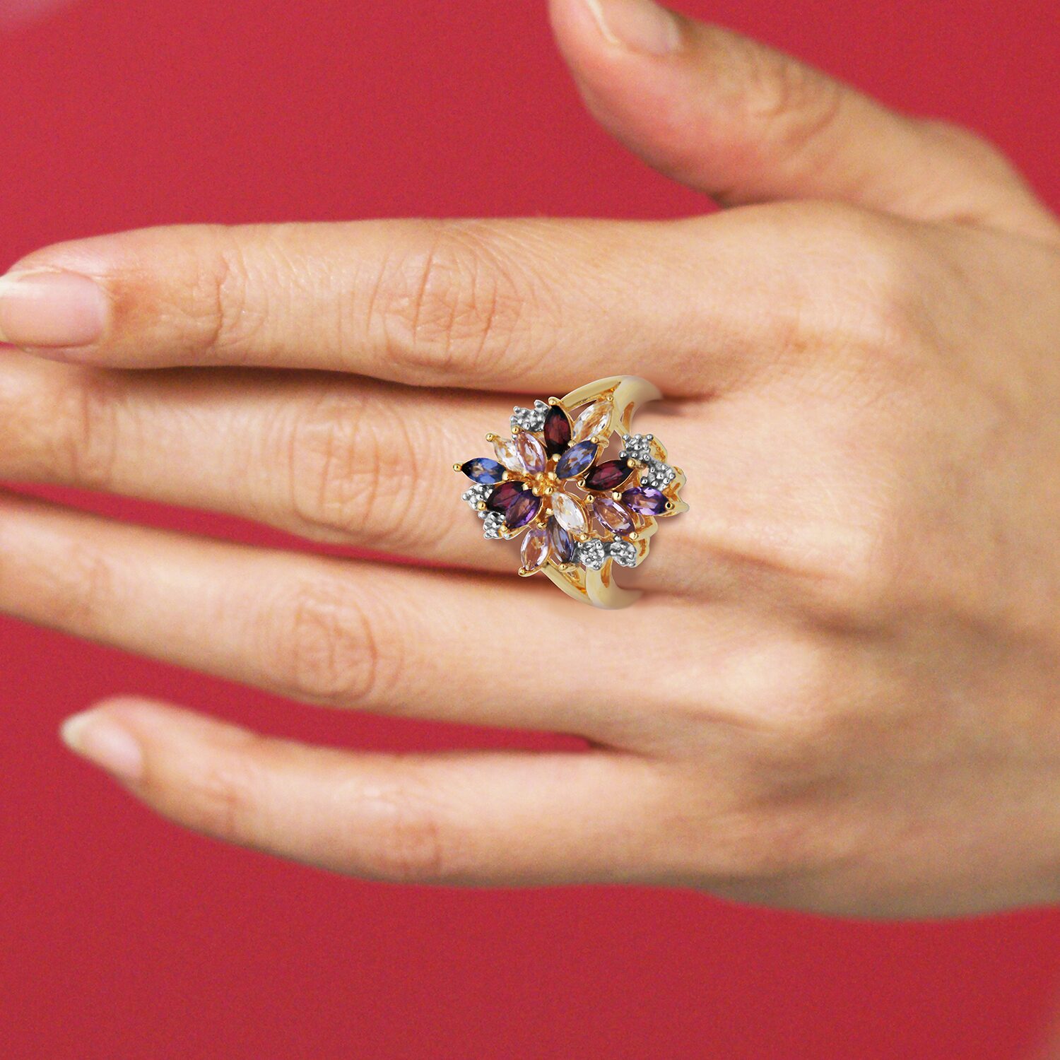 Womens Genuine Purple Amethyst 18K Gold Over Silver Flower Cluster Cocktail Ring