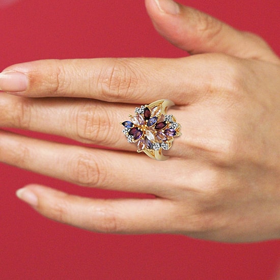 Womens Genuine Purple Amethyst 18K Gold Over Silver Flower Cluster Cocktail Ring