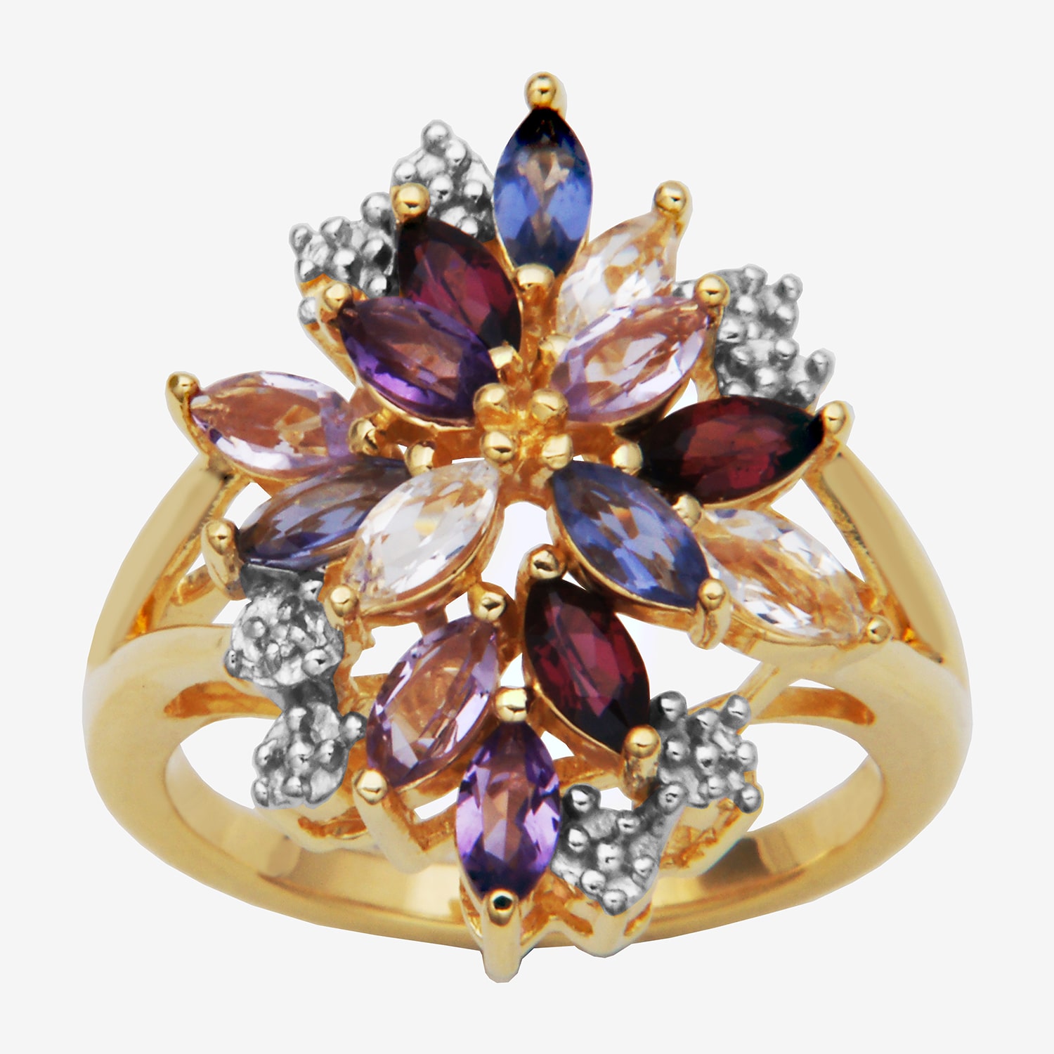 Womens Genuine Purple Amethyst 18K Gold Over Silver Flower Cluster Cocktail Ring