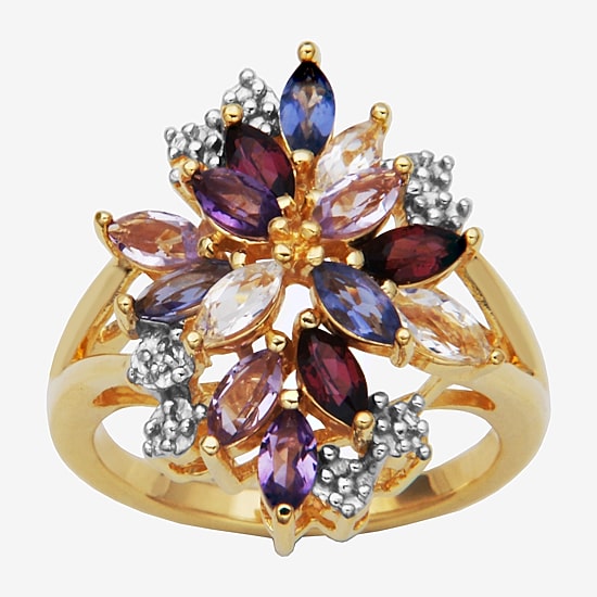 Womens Genuine Purple Amethyst 18K Gold Over Silver Flower Cluster Cocktail Ring