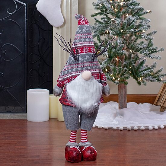 Northlight 30in Red And Gray Nordic Hat Standing Christmas With Led Antlers Christmas Gnome