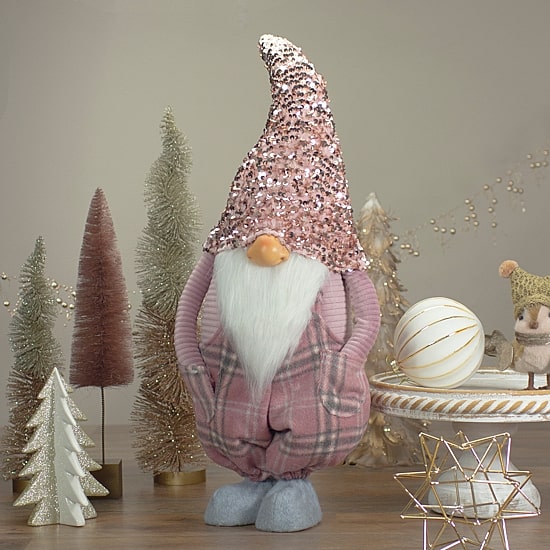 Northlight 24in Pink And Gray Plaid Christmas  With A Rose Gold Hat Christmas Gnome