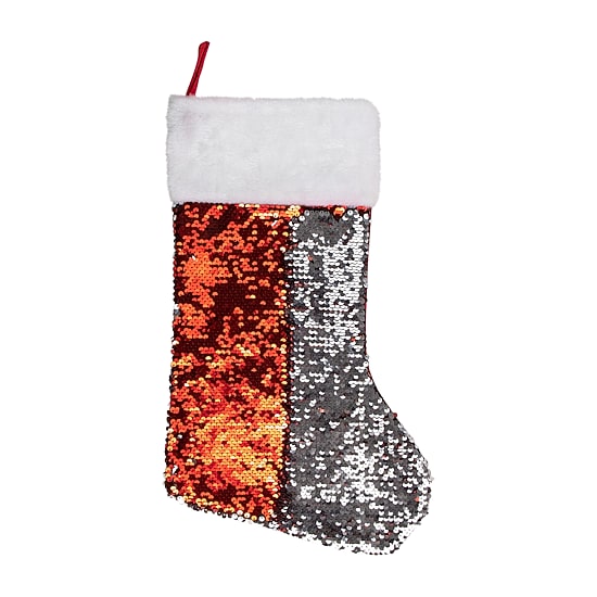 Northlight 19in Red And Silver Sequin  With White Faux Fur Cuff Christmas Stocking