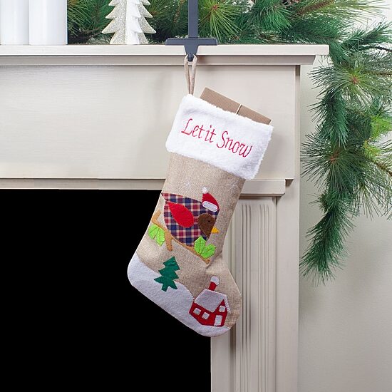 Northlight 19" Beige And Red Burlap Let It Snow Bird Christmas Stocking