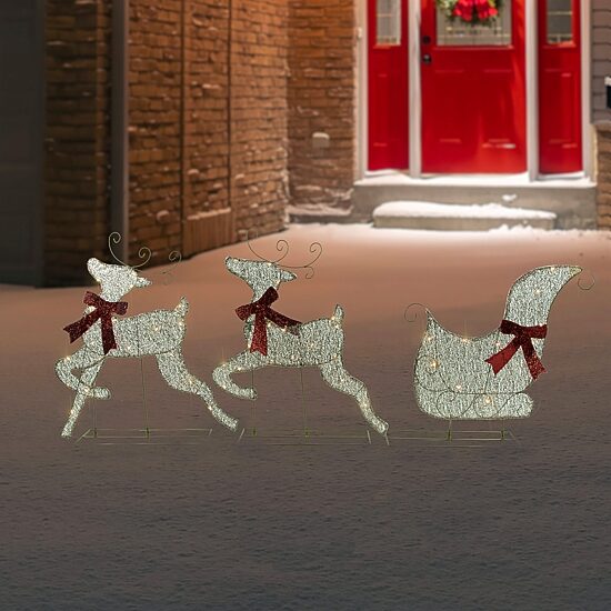 Northlight 3pc Led Lighted Reindeer And Sleigh Christmas Yard Art