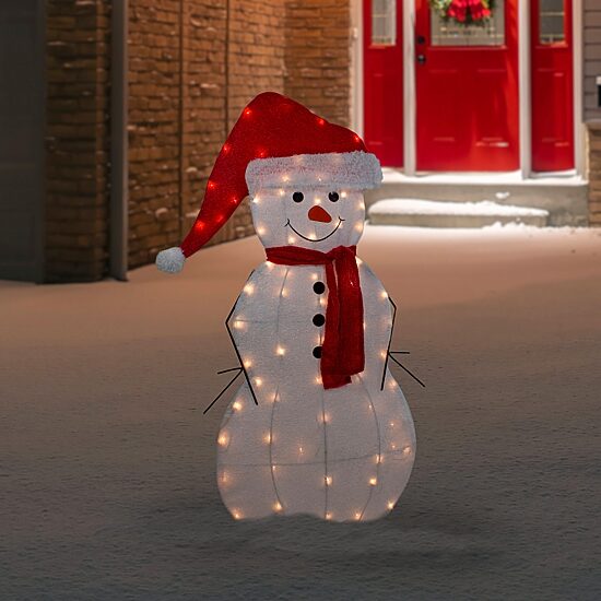Northlight 42in Lighted 2d Chenille Snowman In Santa Hat Christmas Yard Art