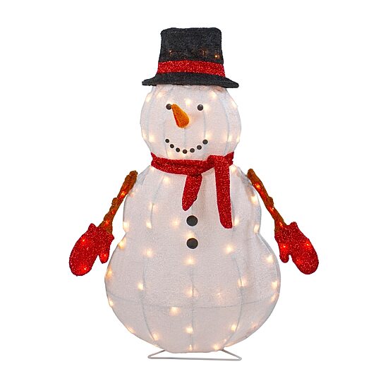 Northlight 32in Lighted 3d Chenille Snowman In Top Hat Christmas Yard Art