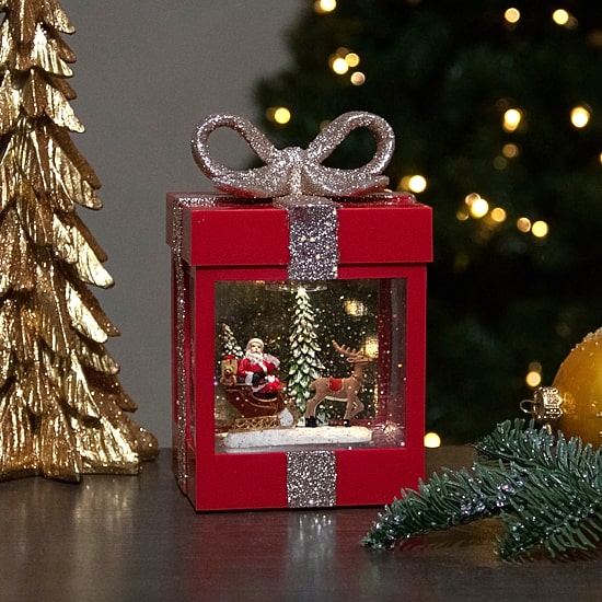 Northlight 7in Red Gift Box With Reindeer Santa Christmas Snow Globe