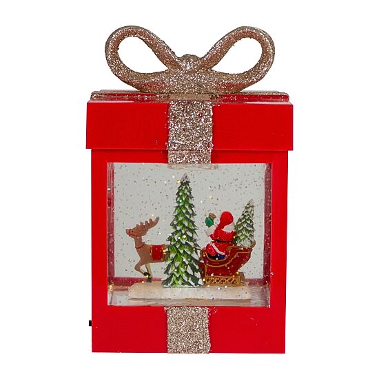 Northlight 7in Red Gift Box With Reindeer Santa Christmas Snow Globe