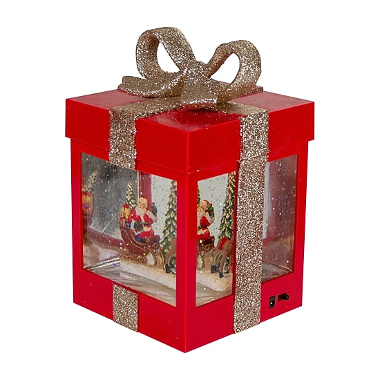 Northlight 7in Red Gift Box With Reindeer Santa Christmas Snow Globe