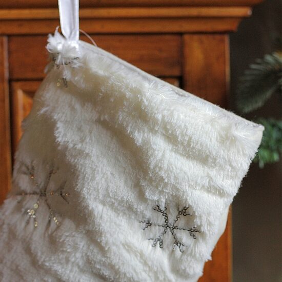 Northlight 18in White Faux Fur  With Silver Sequined Snowflakes Christmas Stocking