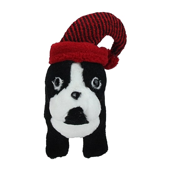 Northlight 11.5in Black And White Plush Standing Bulldog With Red Hat Christmas Figurine