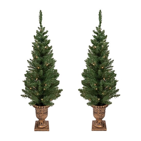 Northlight Set Of 2 Potted Porch Topiary Slim Artificial Clear Lights 4 Foot Pre-Lit Pine Christmas Tree
