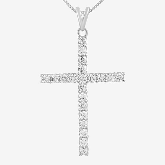 Womens 1 CT. T.W. Lab Grown White Diamond 10K Gold Cross 18 Inch Pendant Necklace