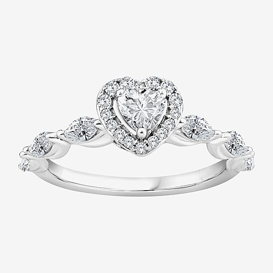 (F / Vs2) Womens 1 CT. T.W. Lab Grown White Diamond 10K Gold Heart Side Stone Halo Engagement Ring