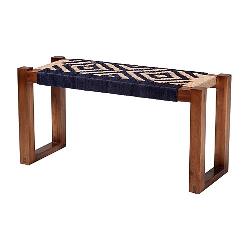 193271408696 Prunella Modern Bohemian Two-Tone Seagrass & Acacia Wood Accent Bench, Navy Blue, Brown & Natural Brown