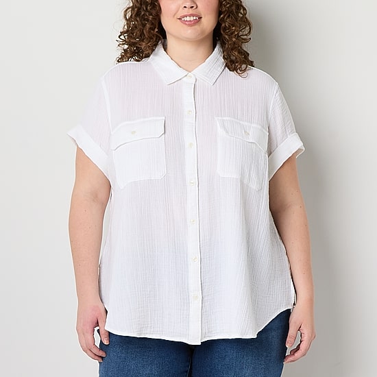 a.n.a Womens Plus Short Sleeve Regular Fit Button-Down Shirt
