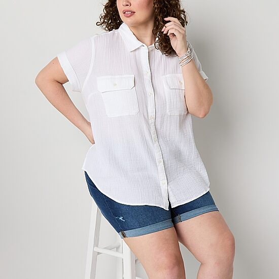 a.n.a Womens Plus Short Sleeve Regular Fit Button-Down Shirt