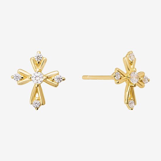 Silver Treasures Cubic Zirconia 14K Gold Over Silver 9.6mm Cross Stud Earrings