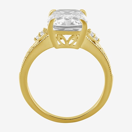 Womens Lab Created White Sapphire 14K Gold Over Silver Cushion Side Stone Cocktail Ring