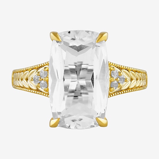 Womens Lab Created White Sapphire 14K Gold Over Silver Cushion Side Stone Cocktail Ring