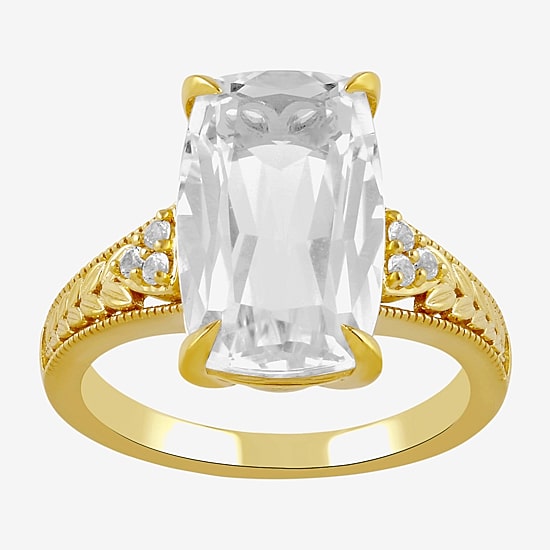 Womens Lab Created White Sapphire 14K Gold Over Silver Cushion Side Stone Cocktail Ring