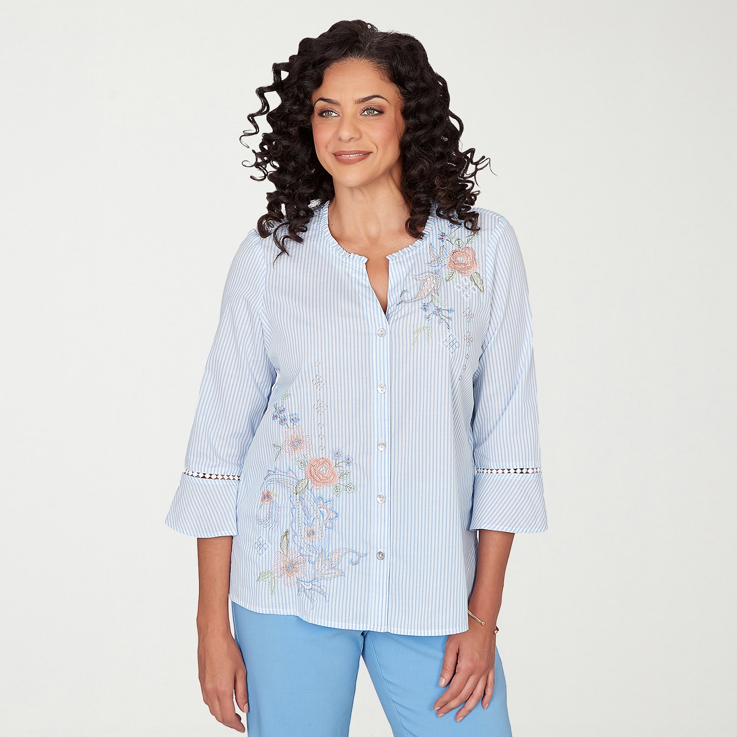Alfred Dunner St Augustine Womens Split Crew Neck 3/4 Sleeve Embroidered Blouse